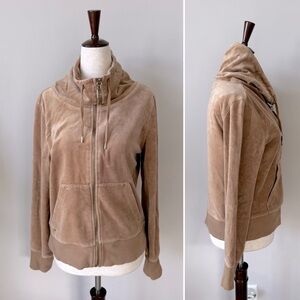 Michael Kors Tan and Gold Velvet Velour Funnel Neck Full-Zip Jacket